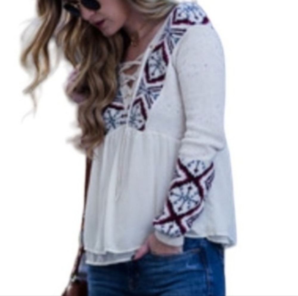 Abercrombie & Fitch Cream and Burgundy Blouse Size M